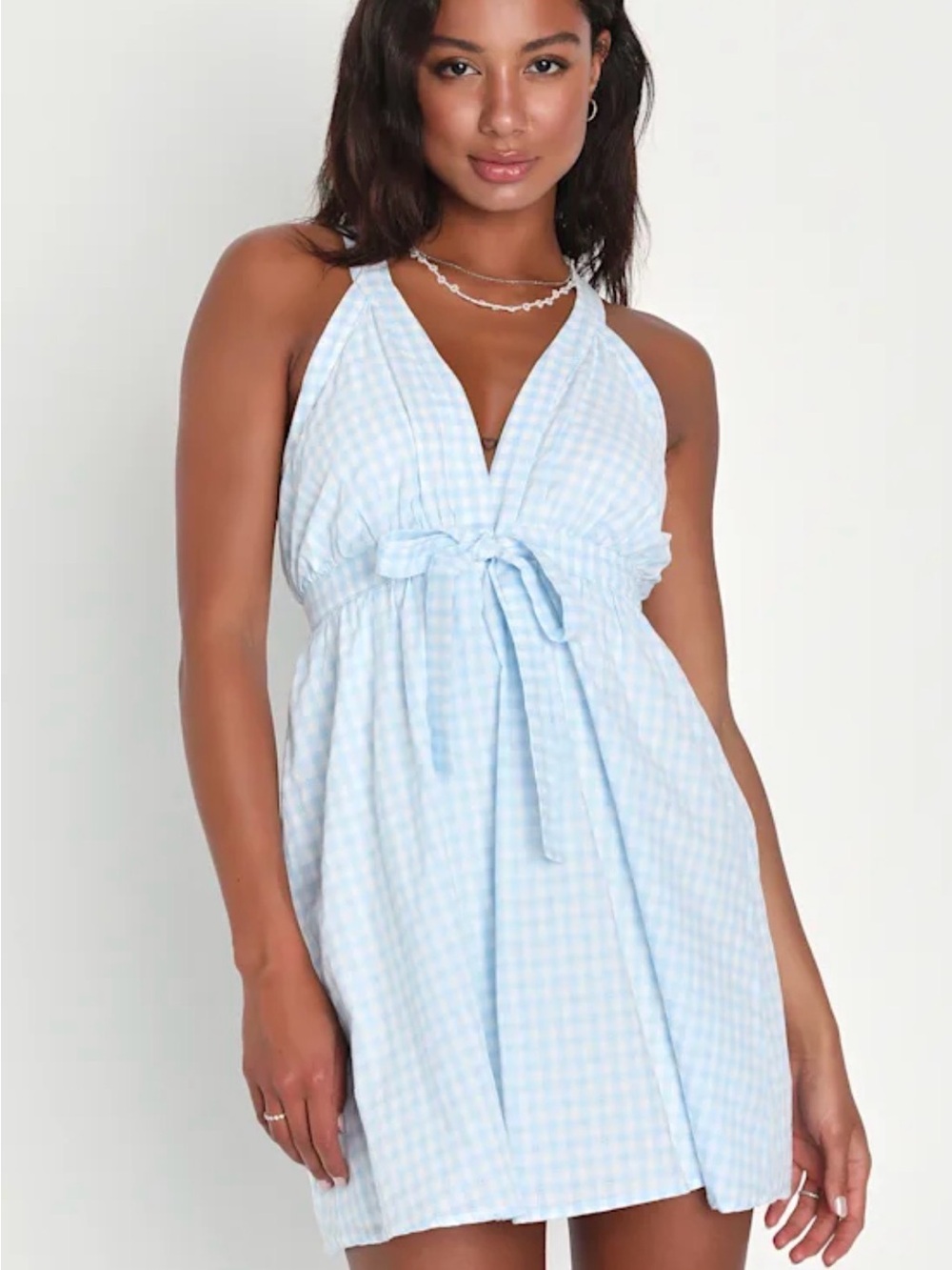 Lulu's Light Blue Gingham Halter Tie-Waist Swim Coverup